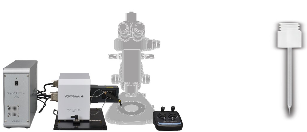 実体顕微鏡に取り付けるSingle Cellome™ Unit「SU10」（左）と、ナノピペットの拡大写真（右）